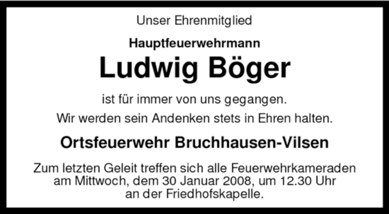  Traueranzeige für Ludwig Böger vom 28.01.2008 aus KREISZEITUNG SYKE