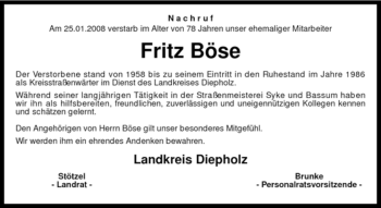 Traueranzeige von Fritz Böse von KREISZEITUNG SYKE