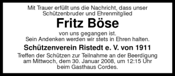 Traueranzeige von Fritz Böse von KREISZEITUNG SYKE