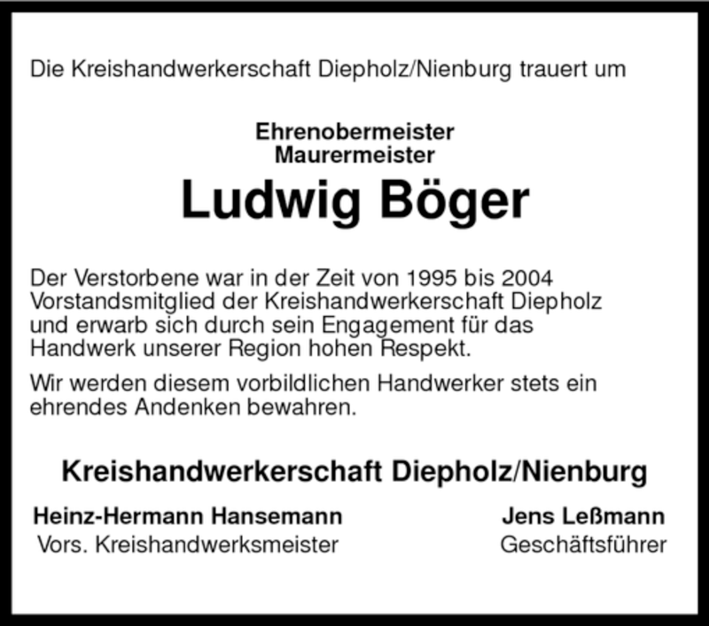 Traueranzeige für Ludwig Böger vom 30.01.2008 aus KREISZEITUNG SYKE