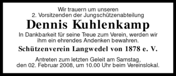 Traueranzeige von Dennis Kuhlenkamp von KREISZEITUNG SYKE