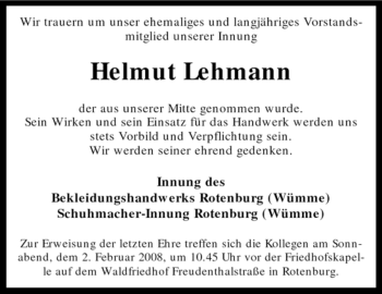 Traueranzeige von Helmut Lehmann von KREISZEITUNG SYKE