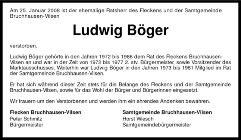  Traueranzeige für Ludwig Böger vom 31.01.2008 aus KREISZEITUNG SYKE