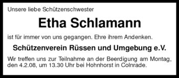 Traueranzeige von Etha Schlamann von KREISZEITUNG SYKE