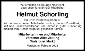 Traueranzeige von Helmut Schorling von KREISZEITUNG SYKE