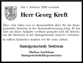 Traueranzeige von Georg Kreft von KREISZEITUNG SYKE