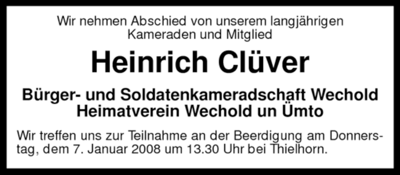  Traueranzeige für Heinrich Clüver vom 05.02.2008 aus KREISZEITUNG SYKE