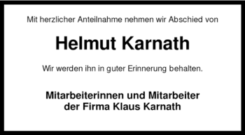 Traueranzeige von Helmut Karnath von KREISZEITUNG SYKE