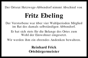 Traueranzeige von Fritz Ebeling von KREISZEITUNG SYKE