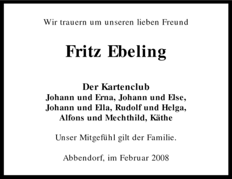  Traueranzeige für Fritz Ebeling vom 09.02.2008 aus KREISZEITUNG SYKE