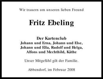 Traueranzeige von Fritz Ebeling von KREISZEITUNG SYKE