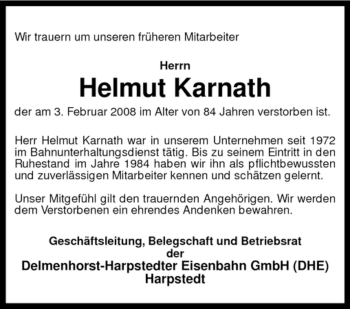 Traueranzeige von Helmut Karnath von KREISZEITUNG SYKE