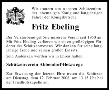 Traueranzeige von Fritz Ebeling von KREISZEITUNG SYKE