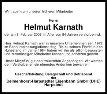 Traueranzeige von Helmut Karnath von KREISZEITUNG SYKE