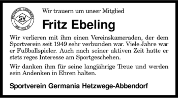 Traueranzeige von Fritz Ebeling von KREISZEITUNG SYKE