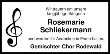 Traueranzeige von Rosemarie Schliekermann von KREISZEITUNG SYKE