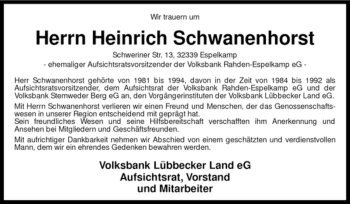 Traueranzeige von Heinrich Schwanenhorst von KREISZEITUNG SYKE