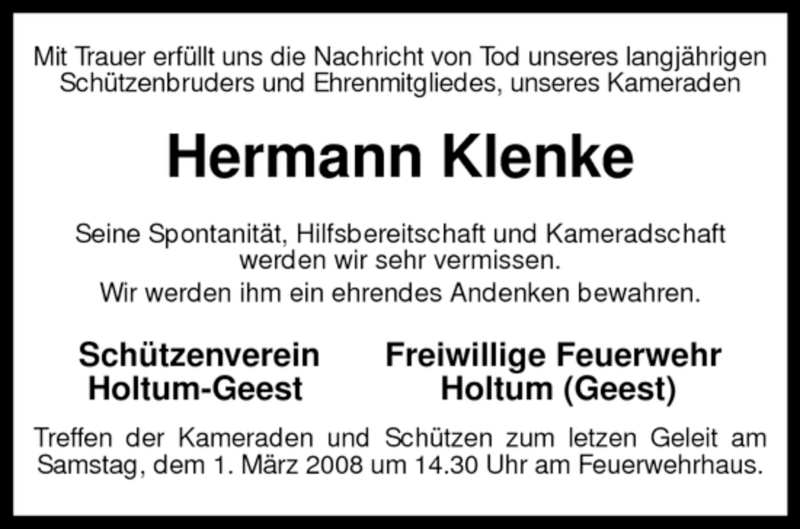  Traueranzeige für Hermann Klenke vom 28.02.2008 aus KREISZEITUNG SYKE