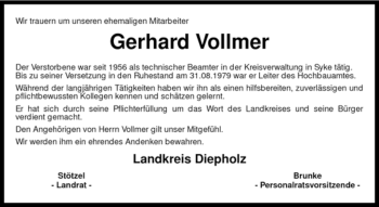 Traueranzeige von Gerhard Vollmer von KREISZEITUNG SYKE