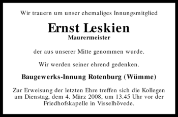 Traueranzeige von Ernst Leskien von KREISZEITUNG SYKE