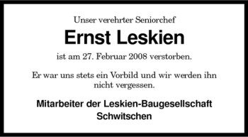 Traueranzeige von Ernst Leskien von KREISZEITUNG SYKE