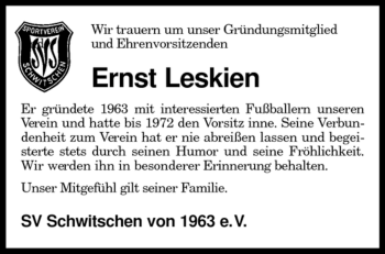 Traueranzeige von Ernst Leskien von KREISZEITUNG SYKE