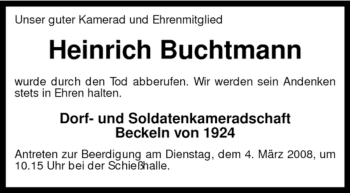 Traueranzeige von Heinrich Buchtmann von KREISZEITUNG SYKE