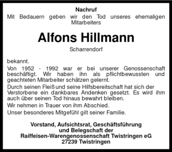 Traueranzeige von Alfons Hillmann von KREISZEITUNG SYKE