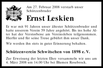 Traueranzeige von Ernst Leskien von KREISZEITUNG SYKE