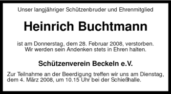 Traueranzeige von Heinrich Buchtmann von KREISZEITUNG SYKE