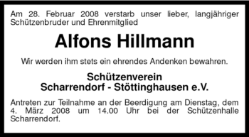 Traueranzeige von Alfons Hillmann von KREISZEITUNG SYKE