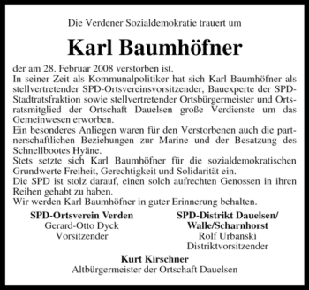 Traueranzeige von Karl Baumhöfner von KREISZEITUNG SYKE