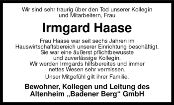 Traueranzeige von Irmgard Haase von KREISZEITUNG SYKE