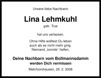 Traueranzeige von Lina Lehmkuhl von KREISZEITUNG SYKE