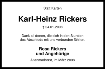 Traueranzeige von Karl-Heinz Rickers von KREISZEITUNG SYKE