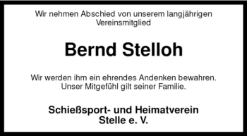 Traueranzeige von Bernd Stelloh von KREISZEITUNG SYKE