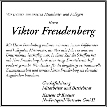 Traueranzeige von Viktor Freudenberg von KREISZEITUNG SYKE