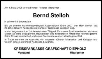 Traueranzeige von Bernd Stelloh von KREISZEITUNG SYKE