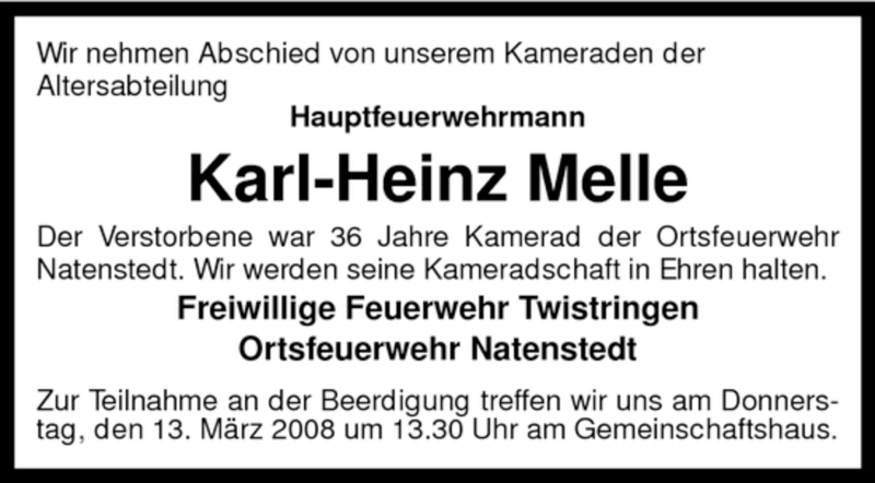  Traueranzeige für Karl-Heinz Melle vom 11.03.2008 aus KREISZEITUNG SYKE