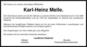 Traueranzeige von Karl-Heinz Melle von KREISZEITUNG SYKE