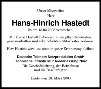 Traueranzeige von Hans-Hinrich Hastedt von KREISZEITUNG SYKE