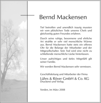 Traueranzeige von Bernd Mackensen von KREISZEITUNG SYKE