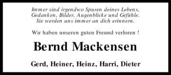 Traueranzeige von Bernd Mackensen von KREISZEITUNG SYKE