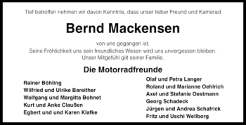 Traueranzeige von Bernd Mackensen von KREISZEITUNG SYKE