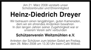 Traueranzeige von Heinz-Diedrich Dreyer von KREISZEITUNG SYKE