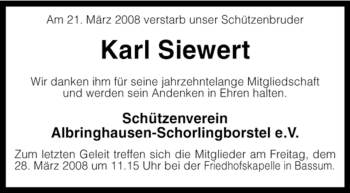 Traueranzeige von Karl Siewert von KREISZEITUNG SYKE