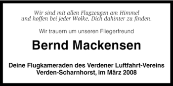 Traueranzeige von Bernd Mackensen von KREISZEITUNG SYKE