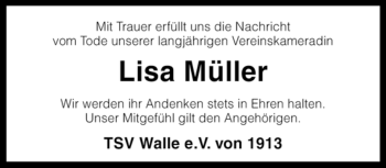 Traueranzeige von Lisa Müller von KREISZEITUNG SYKE