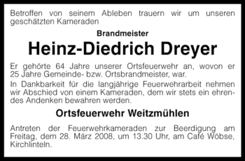 Traueranzeige von Heinz-Diedrich Dreyer von KREISZEITUNG SYKE