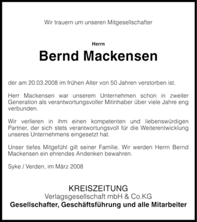  Traueranzeige für Bernd Mackensen vom 26.03.2008 aus KREISZEITUNG SYKE